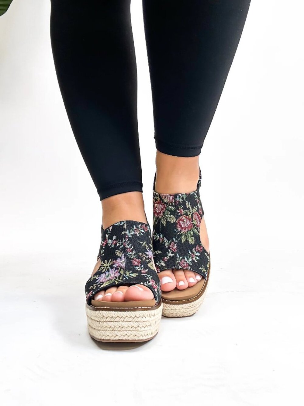 Corkys Floral Dreams Platform Wedge – Black Braided Espadrille Sandals - Picture 2 of 4